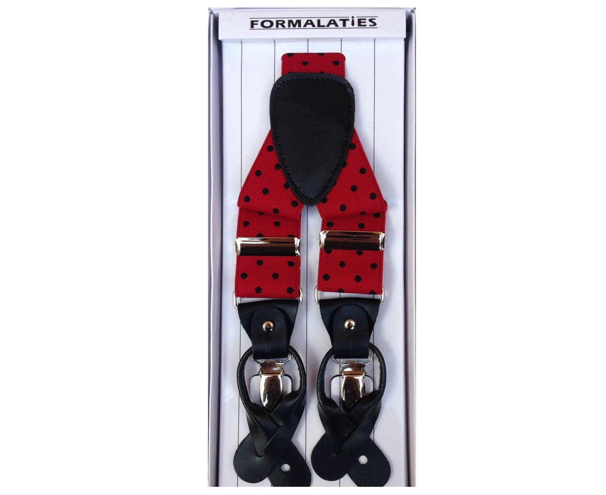 Mens Premium Convertible Suspenders Braces Clip On Elastic Y-Back Traditional Leather Tab - Polka Red/Black