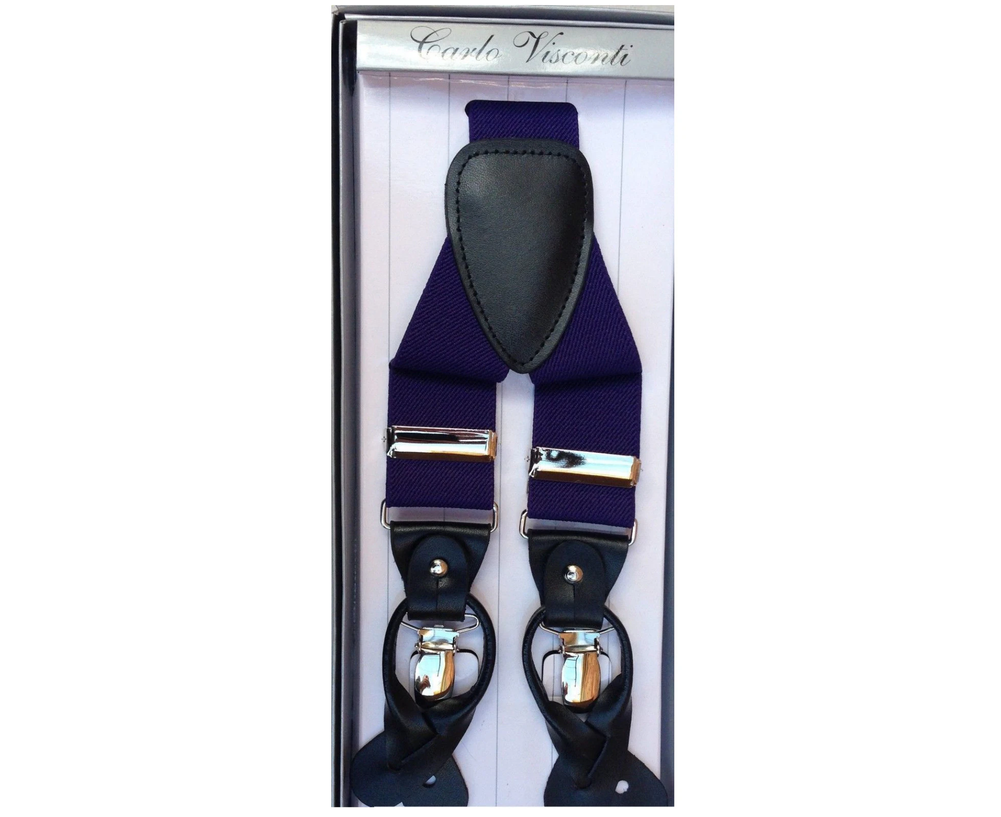 Mens Premium Convertible Suspenders Braces Clip On Elastic Y-Back Traditional Leather Tab - Dark Purple