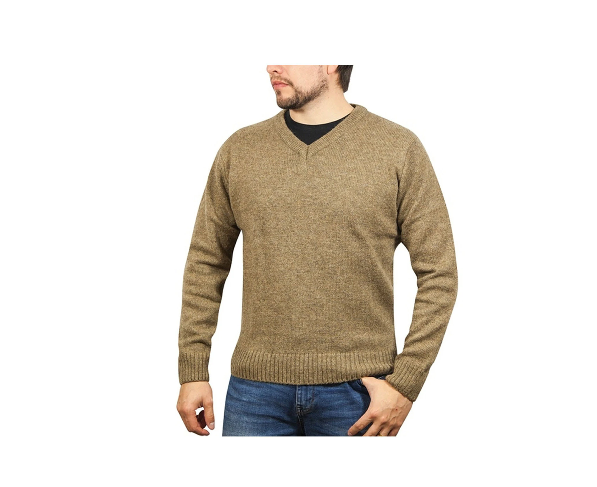 100% Shetland Wool V Neck Knit Jumper Pullover Mens Sweater Knitted - Nutmeg (23)