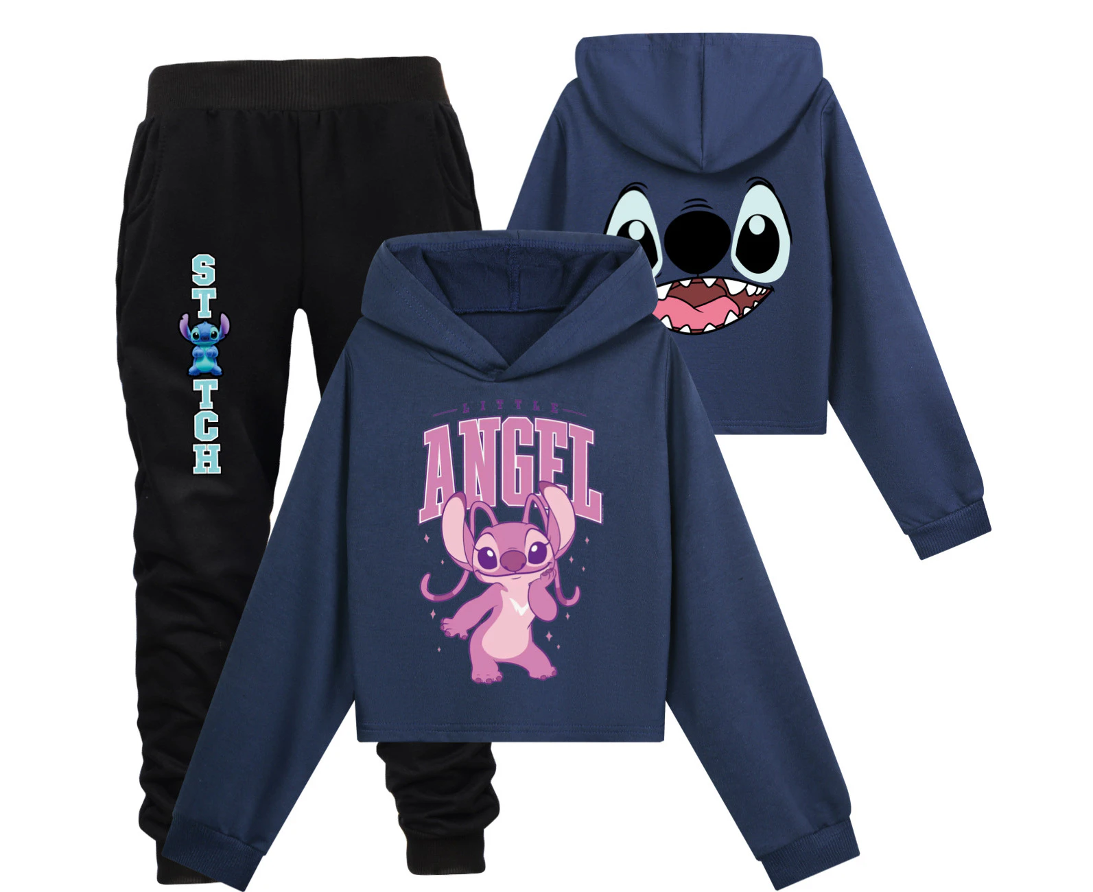 Stitch Girl's Short Hoodie Suit, Comfortable Cotton Hooded Pullover, Light Casual Long Sleeve Sweatshirt Suit