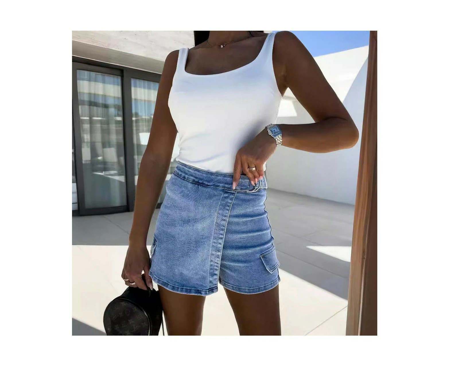 Women Casual High Waisted Asymmetrical Denim Jean Skort Skirt Mini Shorts-blue