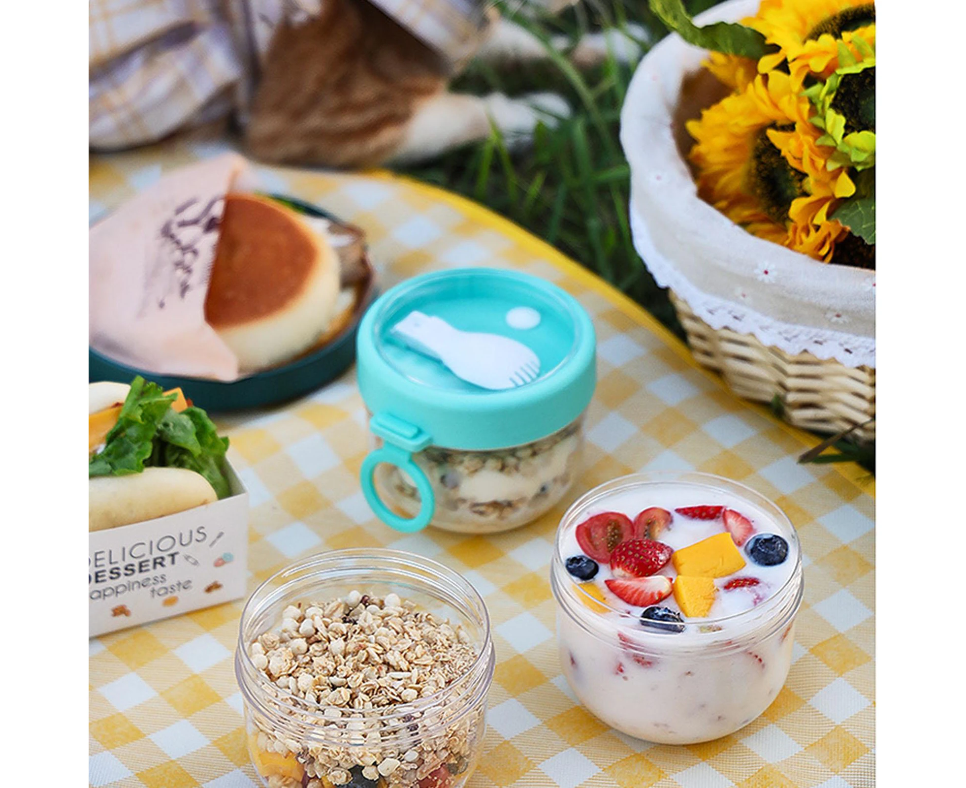 Overnight Oats Jar | Overnight Oats Containers With Lids | 600ml Transparent Food Container With Lid And Spoon For Cereal, Milk, Or Yogurt - Cyan