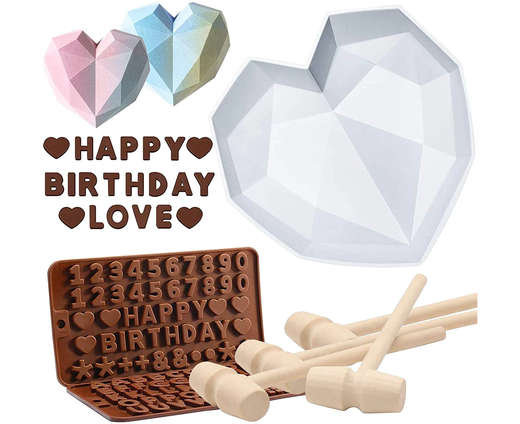 Valentine's Day Heart Diamond Silicone Mould Set Chocolate Mould Baking Set with Hammer DIY