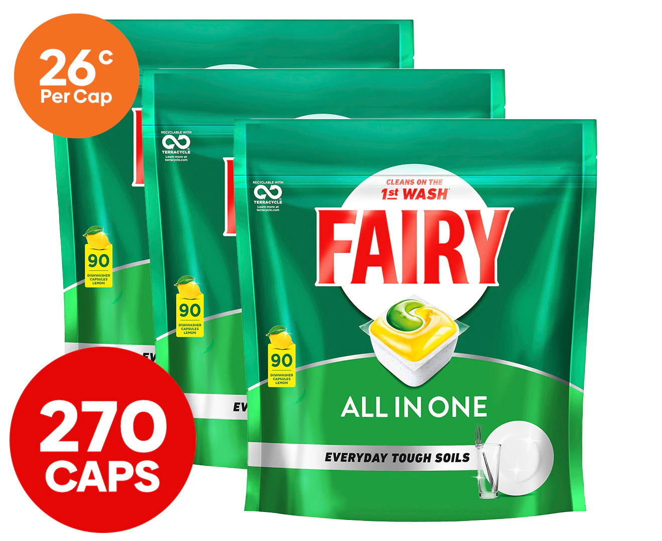 3 x 90pk Fairy All in One Dishwashing Capsules Lemon