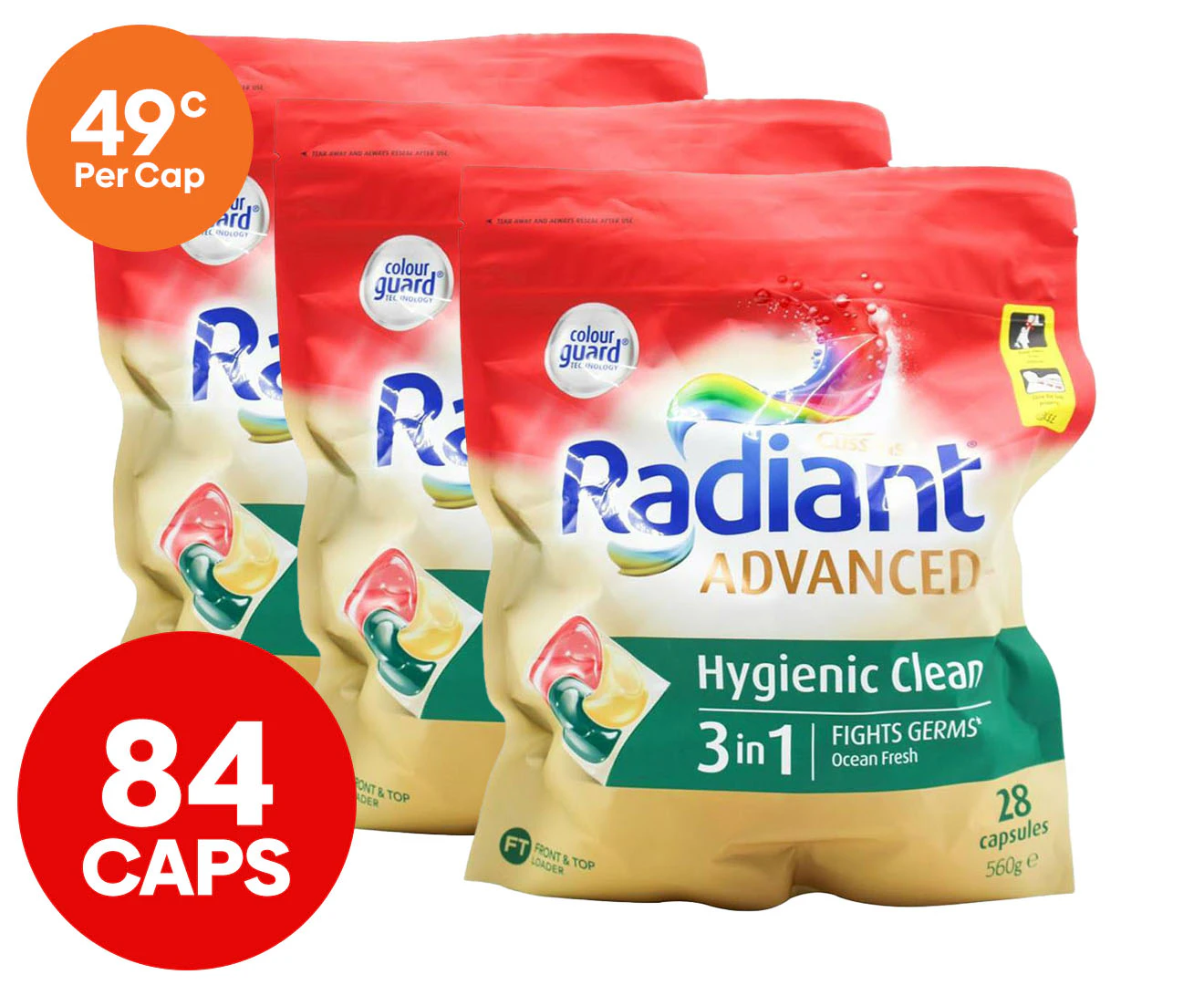 3 x 28pk Radiant Advanced Hygienic Clean Front & Top Loader 3-in-1 Laundry Capsules