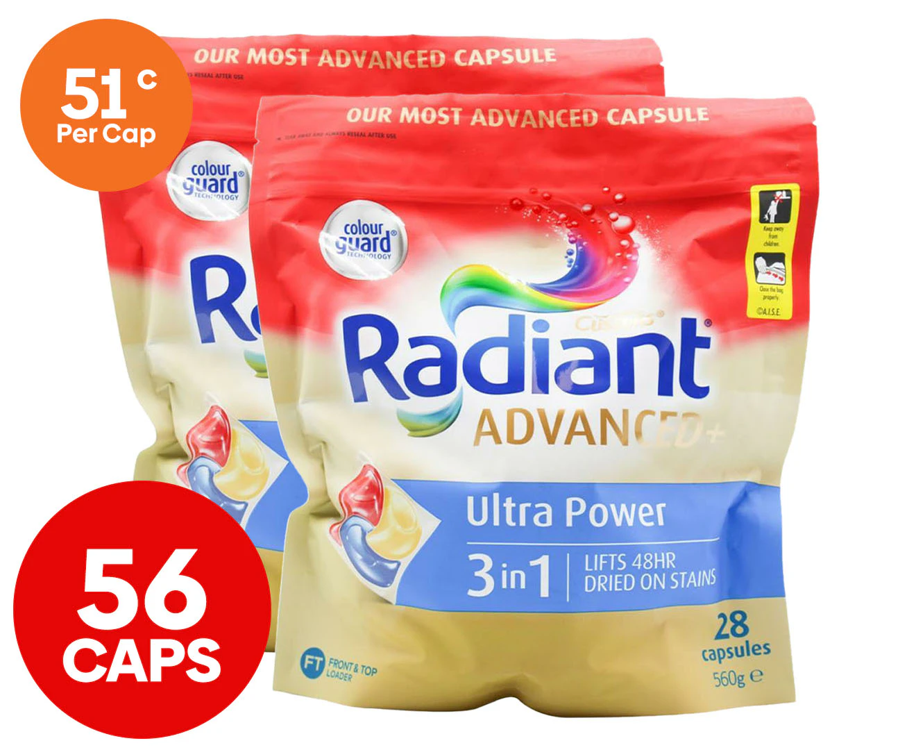 2 x 28pk Radiant Advanced+ Ultra Power Front & Top Loader 3-in-1 Laundry Capsules