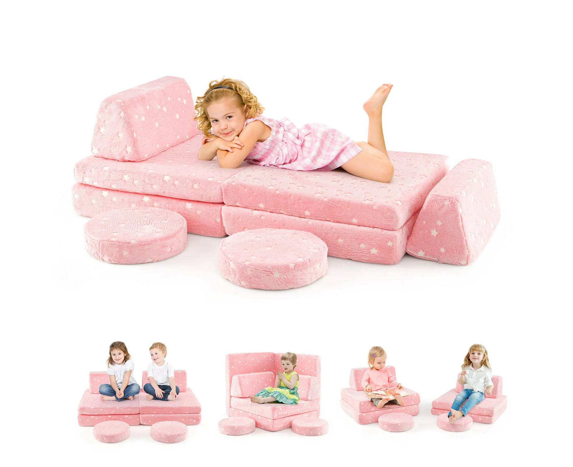 Giantex 6PCS Modular Kids Play Couch Set Glow In the Dark Fold Out Sofa Flannel Pink