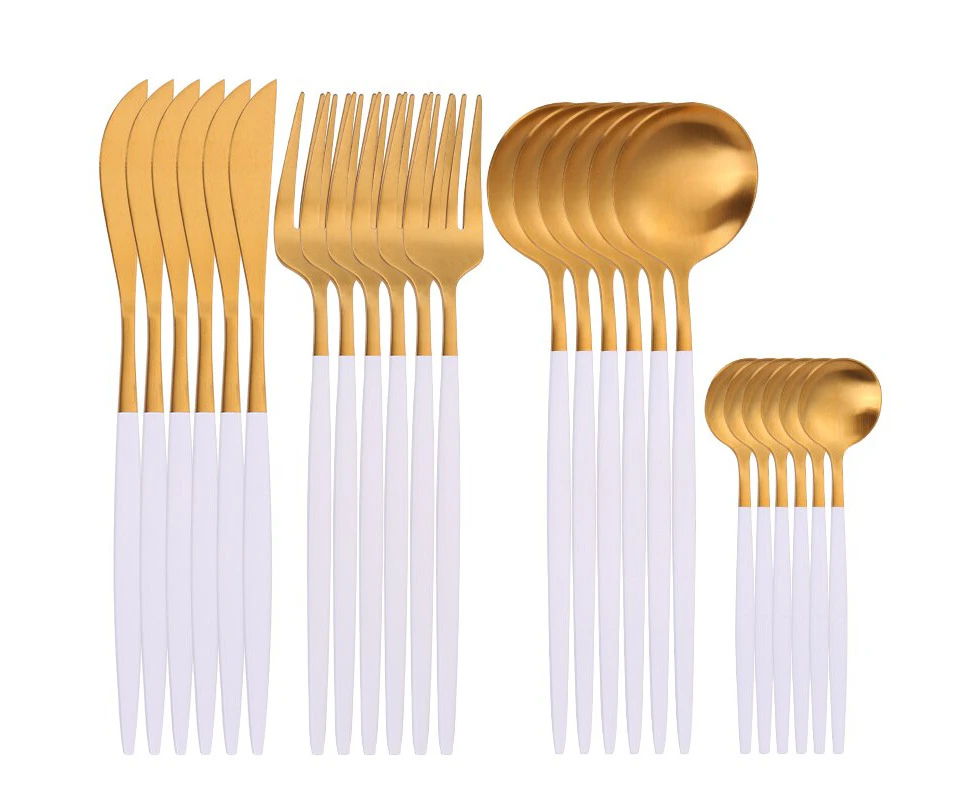 24 Pcs Cutlery Golden Cutlery Set Stainless Steel Dinnerware Set Spoon Set Tableware Forks Knives Spoons-matt whitegold