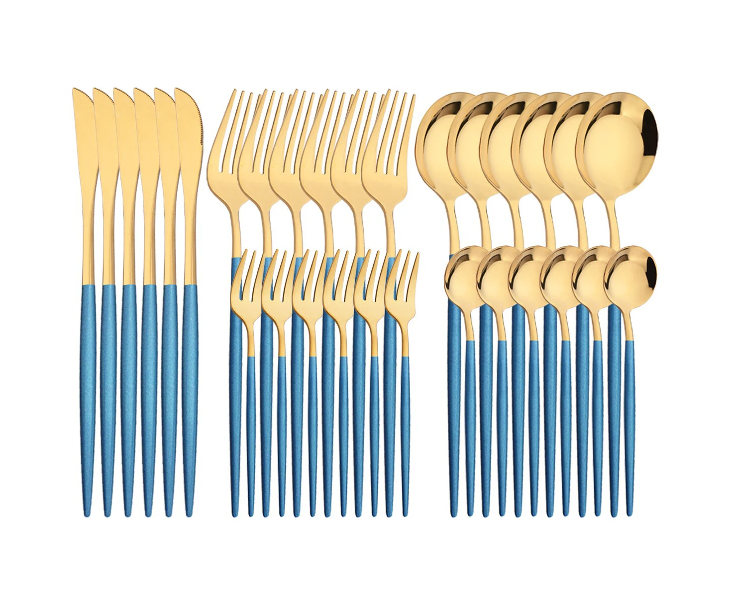 30pcs Cutlery Set Knife Fruit Forks Cake Fork Tea Spoon Dinnerware Stainless Steel Tableware Set Party Kitchen Tool--Blue Gold