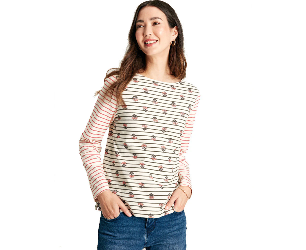 Joules Womens Printed Brancaster Long Sleeve Top - Grey Stripe Foulard