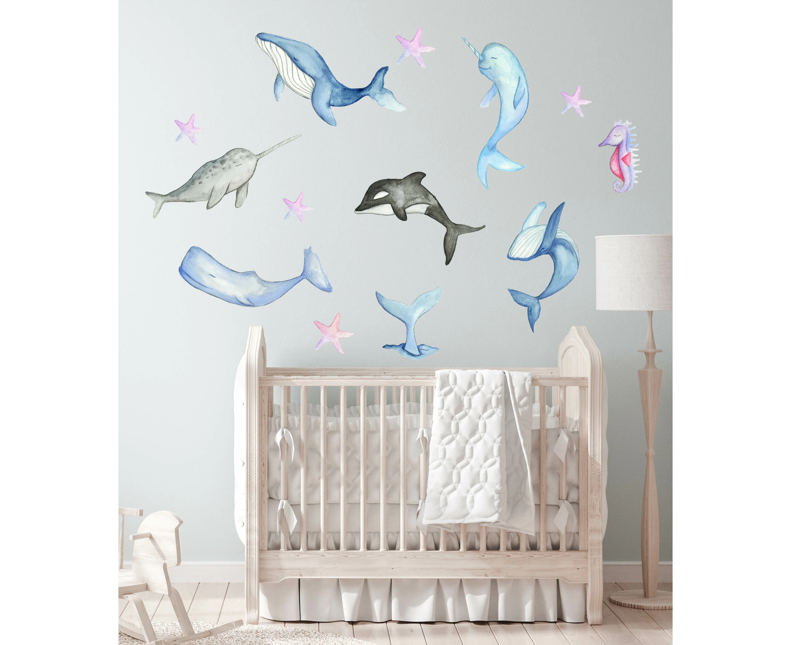 Dreamy Whales Australian Design Hand Painted Peel & Stick, Removable Wall Decal. Nursery, Kids Playroom, Kids Teens Bedroom