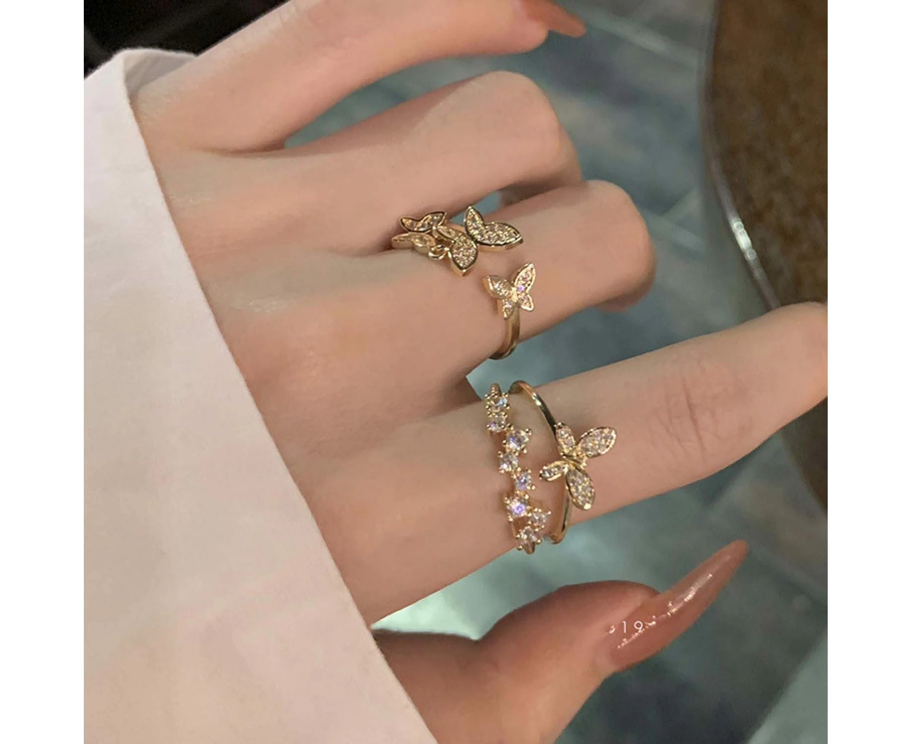 Ring butterfly open ring niche design fashion ring two-piece set 2-piece set