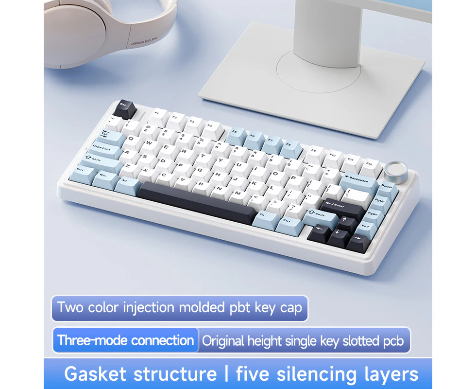 AULA F75 Mechanical Keyboard Wireless Keyboard with Tri-Mode Connectivity - Low-Delay Gaming Keyboard RGB - Glacier Blue - Crescent Axis