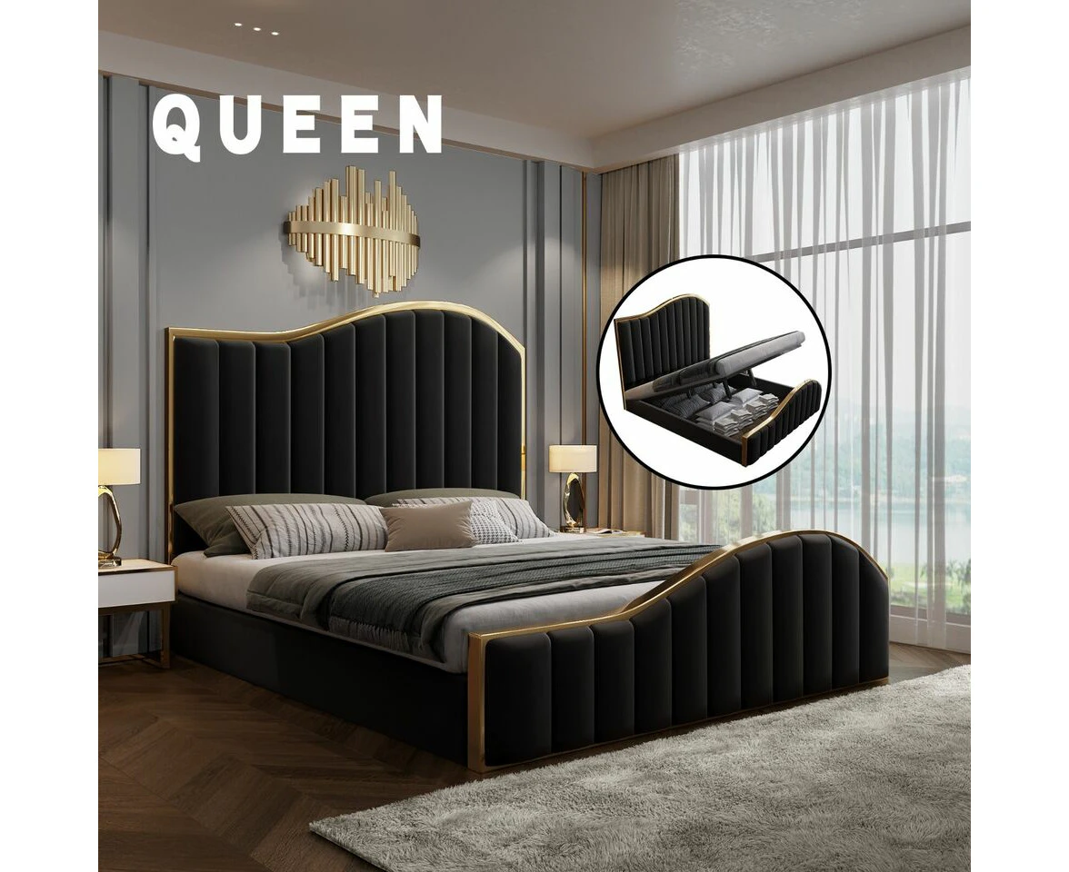 Queen Size Black Velvet Fabric Golden Metal Storage Elegant Luxury Bedframe