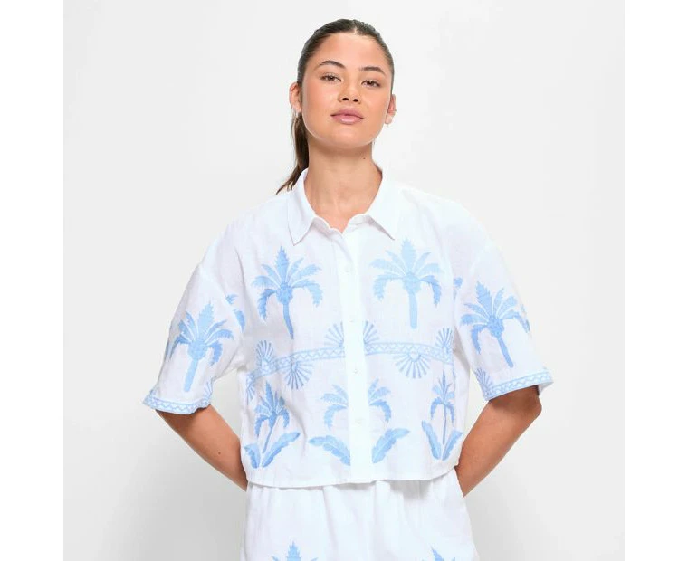 Linen Blend Embroidered Palm Crop Shirt - Lily Loves