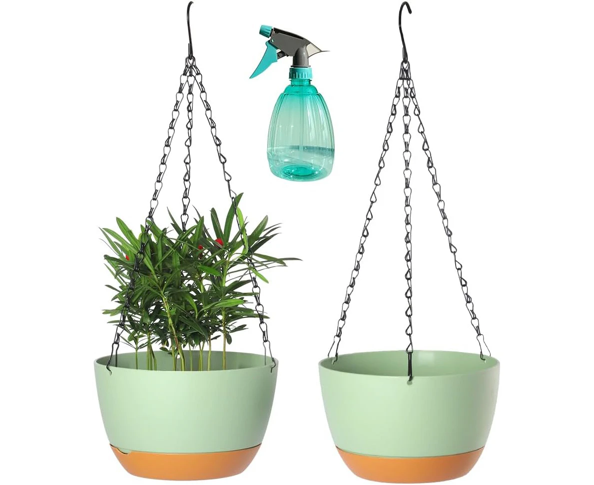 2 Pack Plastic Hanging Planters Set ,8.3 Inch Hanging Flower Plant Pot with Drainage Hole for Indoor Outdoor Plants, Round Hanging Basket with Removable Tr