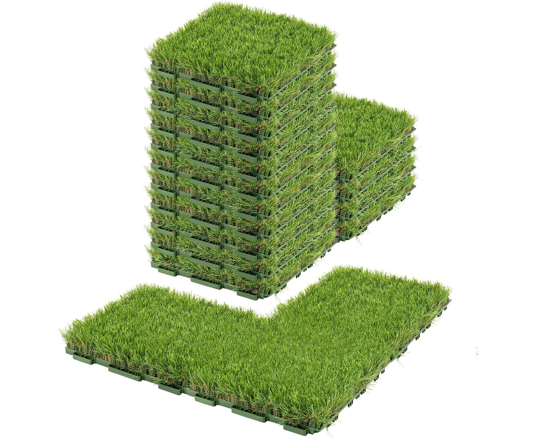 GROWNEER 1.57" H Interlocking Artificial Grass Tiles, 12" x 12" 18 Pcs Fake Grass Deck Turf Tiles with Upgrade Interlocking System Self-draining for Pet In