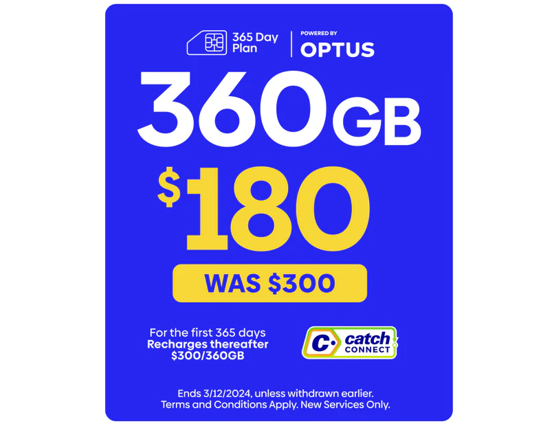 Catch Connect 365 Day Mobile Plan - 360GB (Cyber Deal)