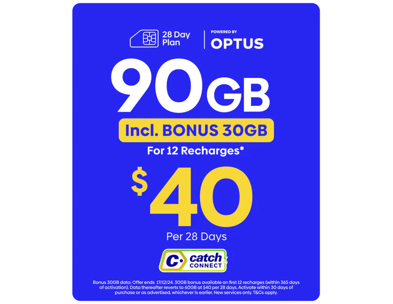 Catch Connect 28 Day Mobile Plan - 60GB (+30GB Bonus Data)