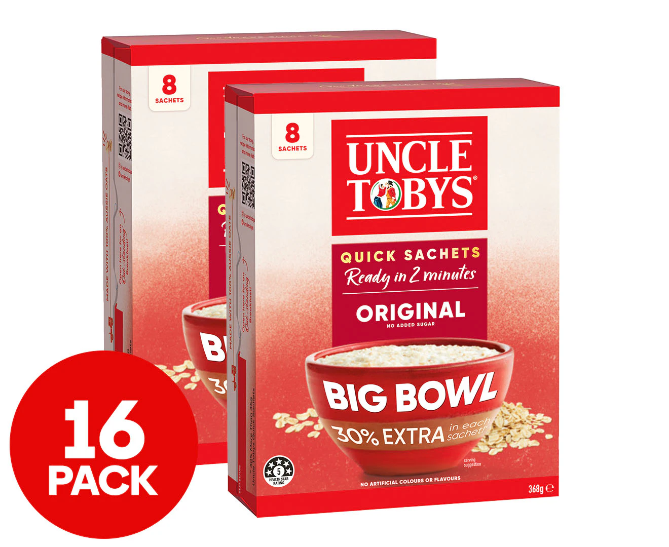 2 x 8pk Uncle Tobys Big Bowl Quick Sachets Original 368g