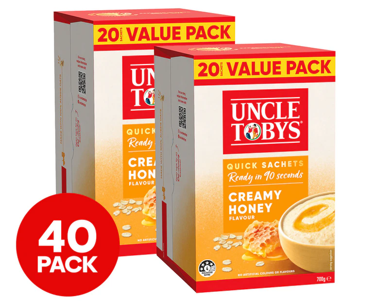 2 x 20pk Uncle Tobys Quick Oat Sachets Creamy Honey 700g