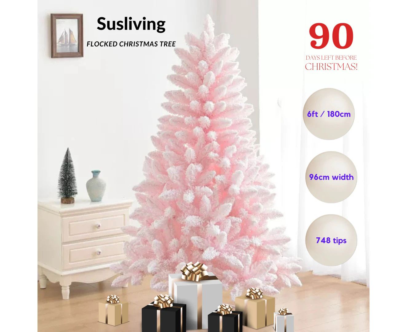 Susliving Pinkish Flocked Snow 6FT 1.80m Fairy Tree Pink Xmas