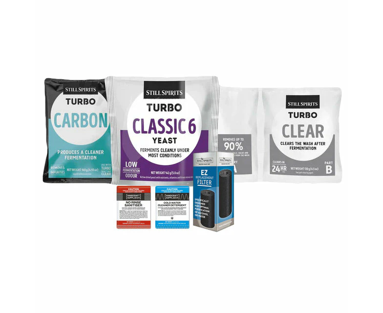 Turbo 500 Classic 6 Batch Pack: Still Spirits Classic 6 Yeast, Turbo Carbon, Turbo Clear, EZ Filter, Cold Water Detergent & No-Rinse Sanitiser - 1 Batch...