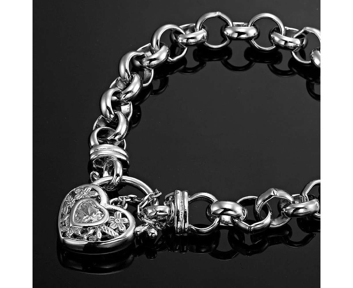 925 Sterling Silver Plated Belcher Chain Bracelet with a Filigree Locket Featuring a Simulated Diamond - USA Made