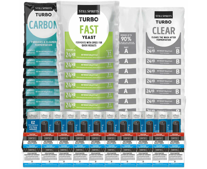 10x Turbo 500 Fast Yeast Batch Pack: 10x Still Spirits Fast Yeast, 10x Turbo Carbon, 10x Turbo Clear, 10x EZ Filter, 10x Cold Water Detergent & 10x No-R...