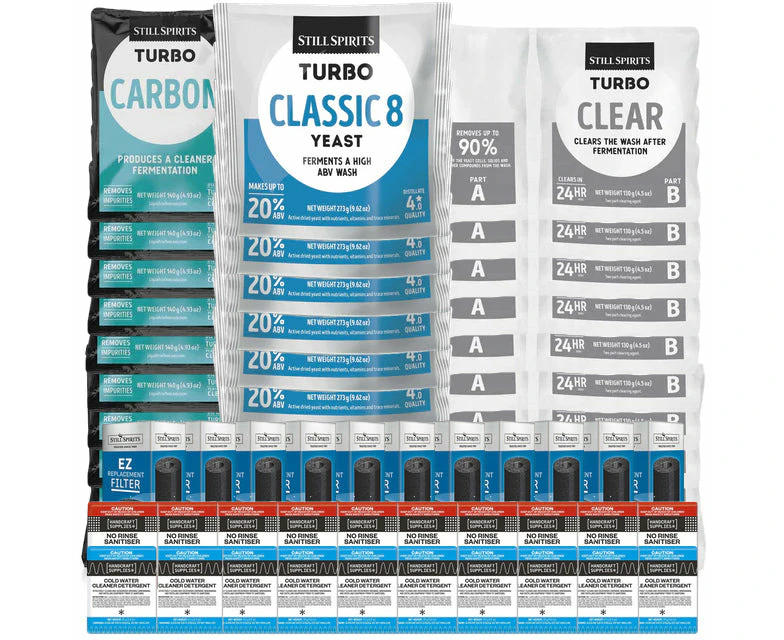 10x Turbo 500 Classic 8 Batch Pack: 10x Still Spirits Classic 8 Yeast, 10x Turbo Carbon, 10x Turbo Clear, 10x EZ Filter, 10x Cold Water Detergent & 10x ...