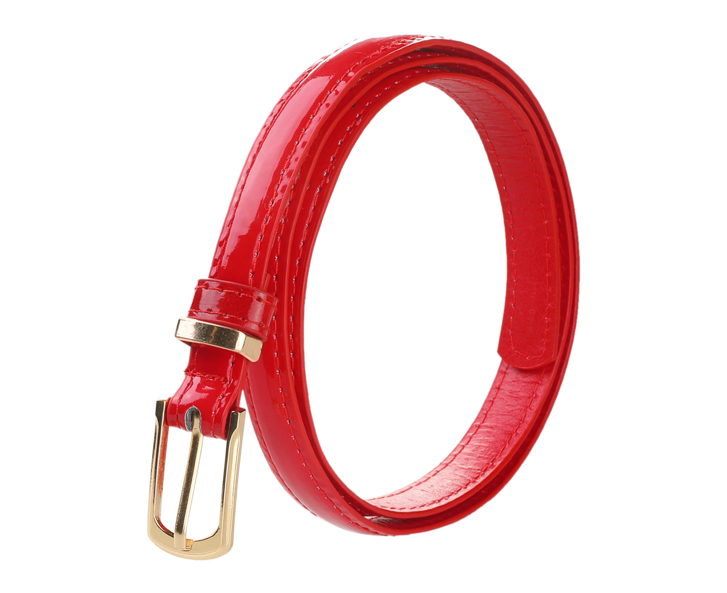 uxcell Alloy Buckle Patent Leather PU Skinny Waist Belt Red-1