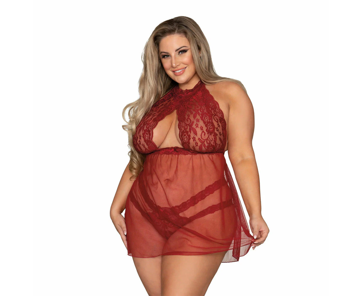 Dreamgirl Lingerie Stretch Lace and Mesh Babydoll Garnet 11503X