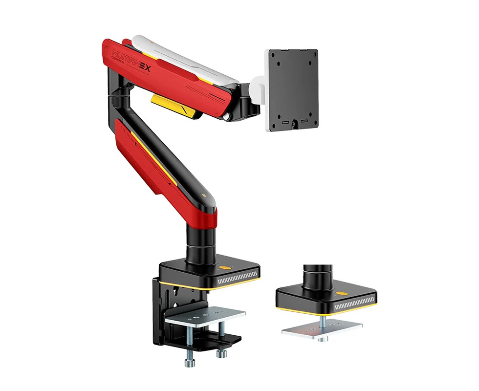 Humanmotion T18 Single Screen Heavy Duty Aluminum Steel Monitor Arm for up to 17in-49in 2-20kg - Matte White and Red (T18-1E)