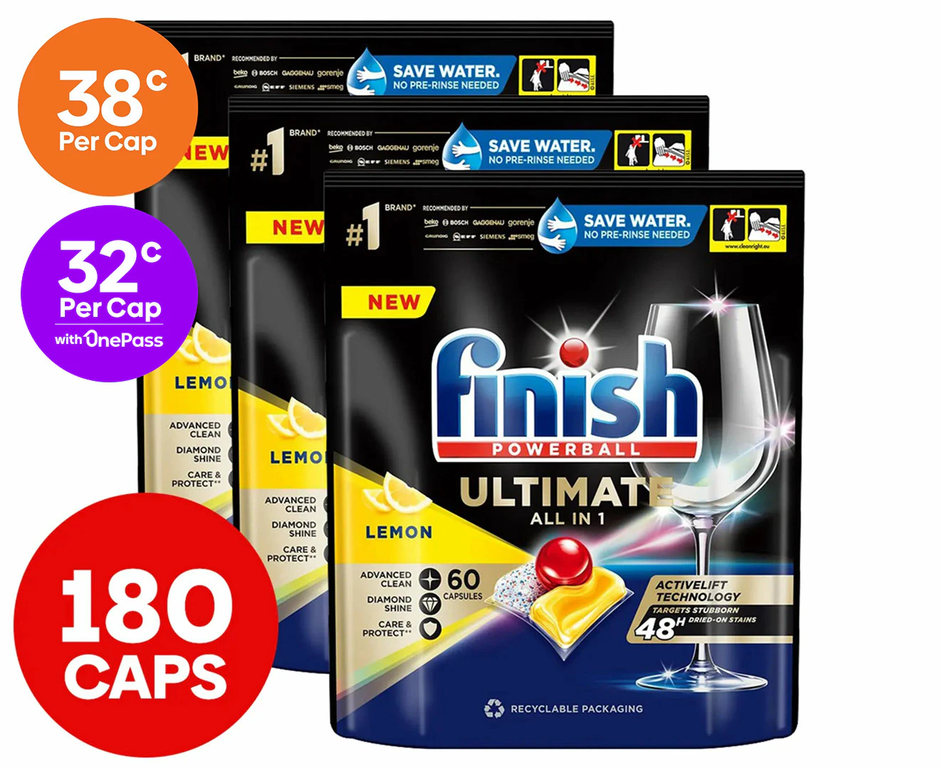 3 x 60pk Finish Powerball Ultimate All in 1 Dishwashing Caps Lemon