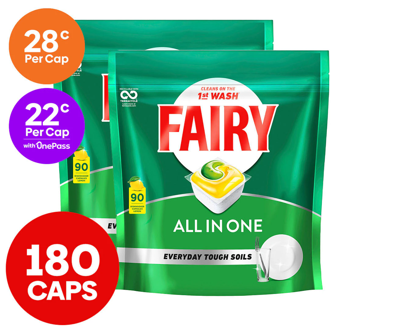 2 x 90pk Fairy All in One Dishwashing Capsules Lemon