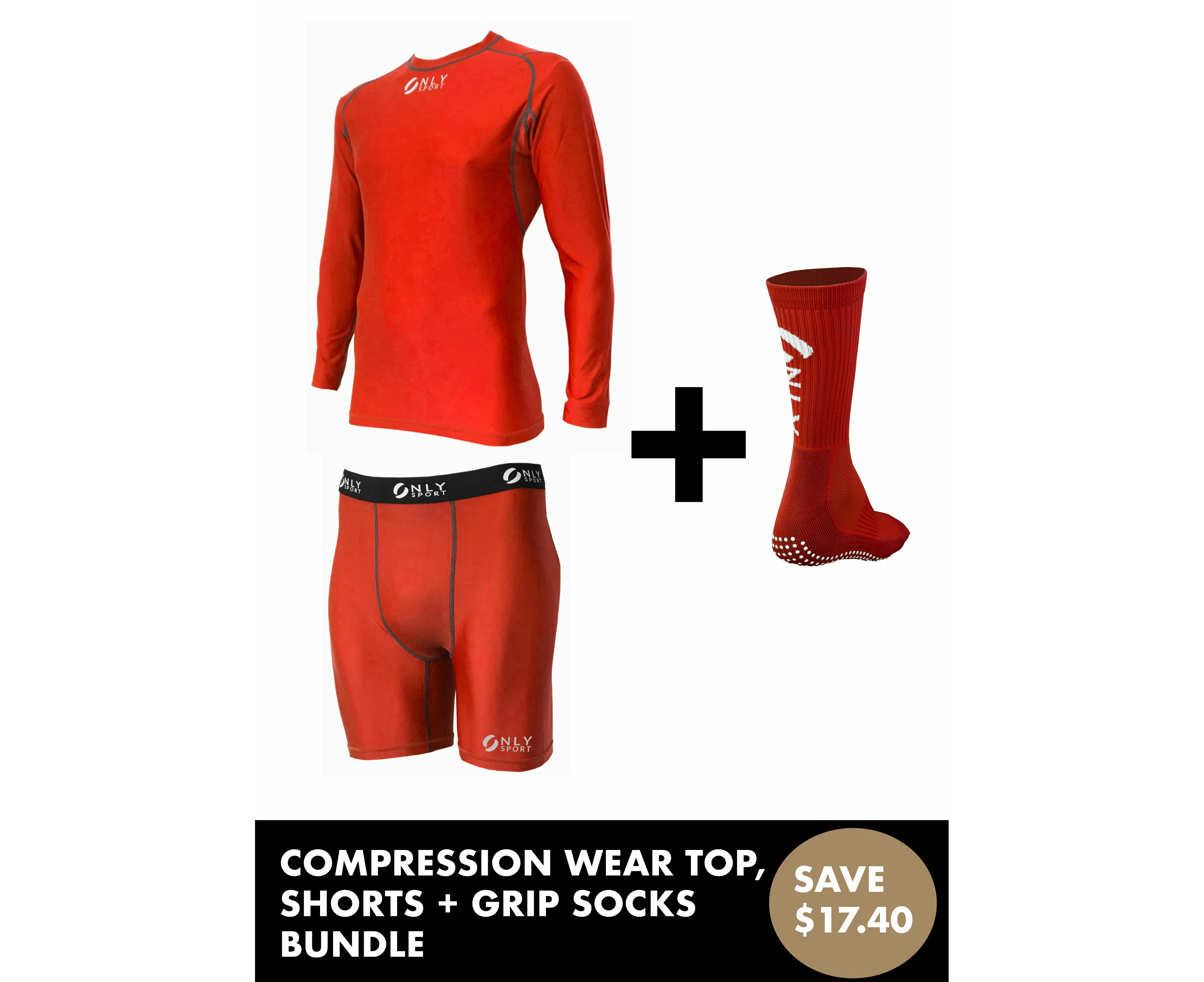 Only Sport Compression Wear (S-2XL) and Grip Socks Bundle - Red - 7-11, XL, 2XL