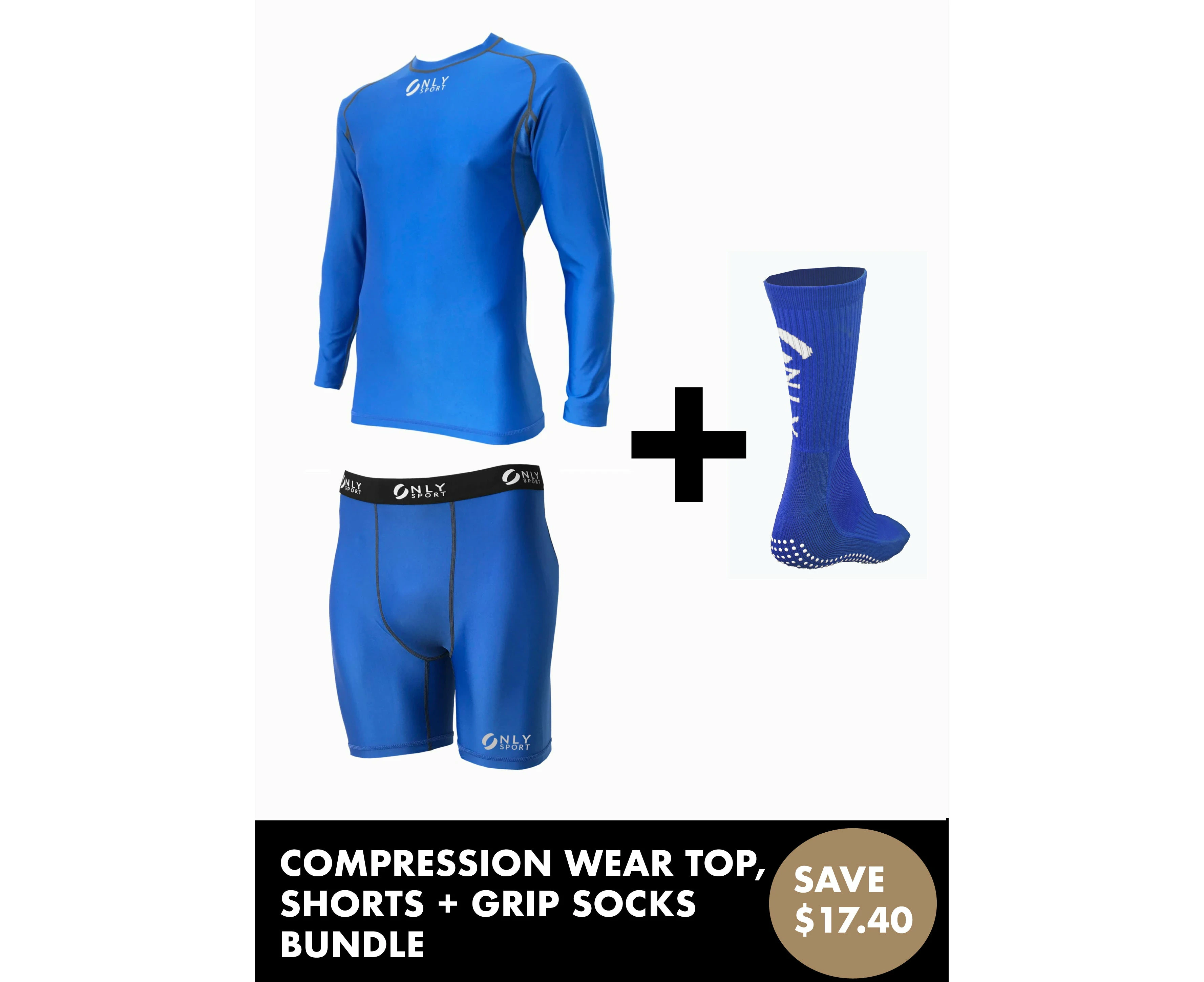 Only Sport Compression Wear (S-2XL) and Grip Socks Bundle - Royal Blue - 11-14, 2XL, 2XL