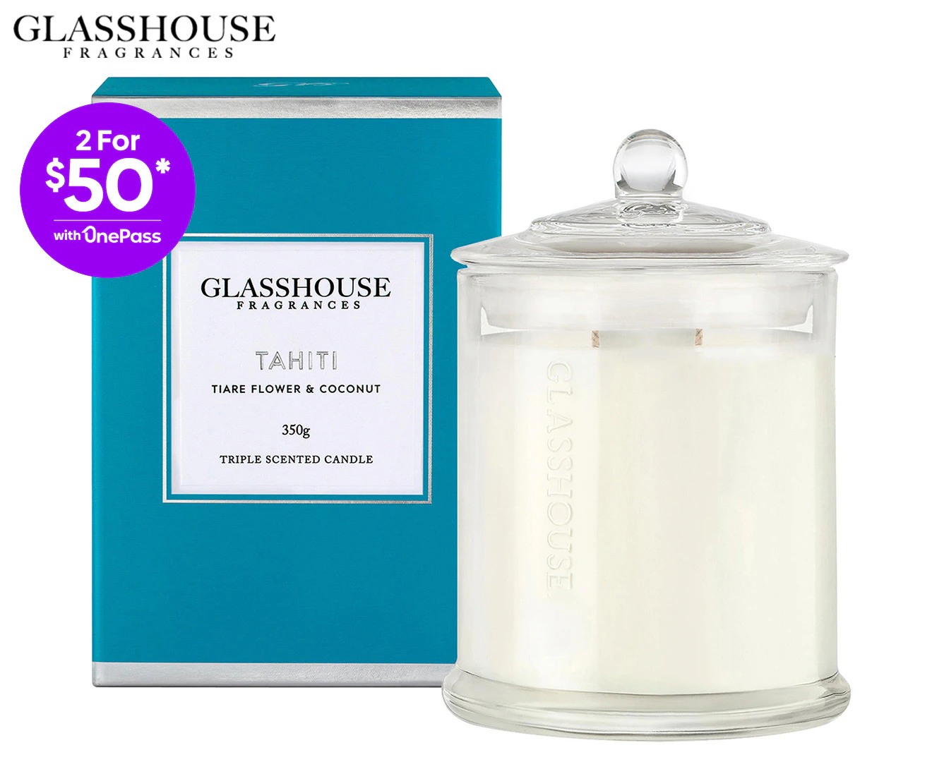 Glasshouse Tahiti Tiare Flower & Coconut 350g Triple Scented Candle