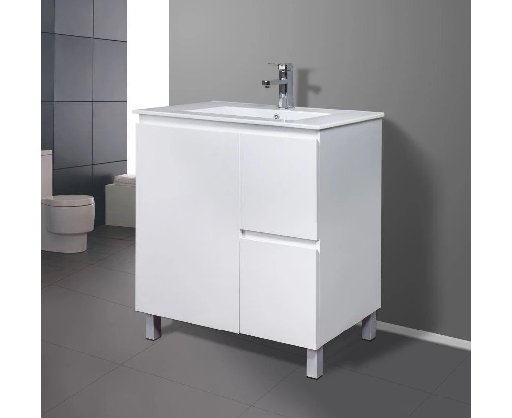 Vizzini Carmelina Ceramic Top Vanity - Gloss White - 750mm (L) x 460mm (D) x 850mm (H) - 6, 1 Taphole, Legs, Right Hand Drawer