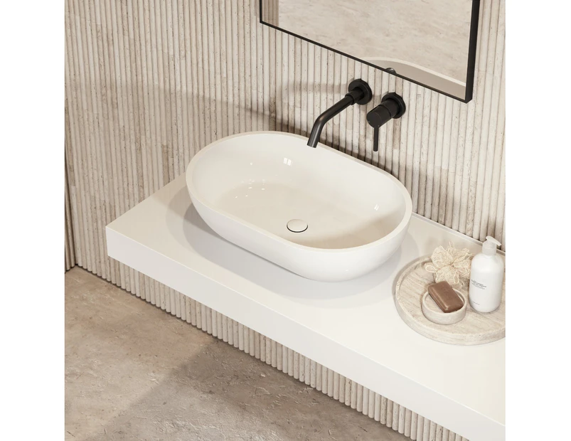 Vizzini Alberta Above Counter Stone Basin - Gloss White - 560mm (L) x 320mm (W) x 150mm (H)-Gloss White