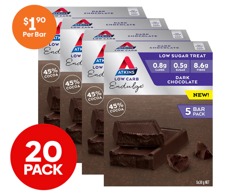 4 x 5pk Atkins Low Carb Endulge Bar Dark Chocolate