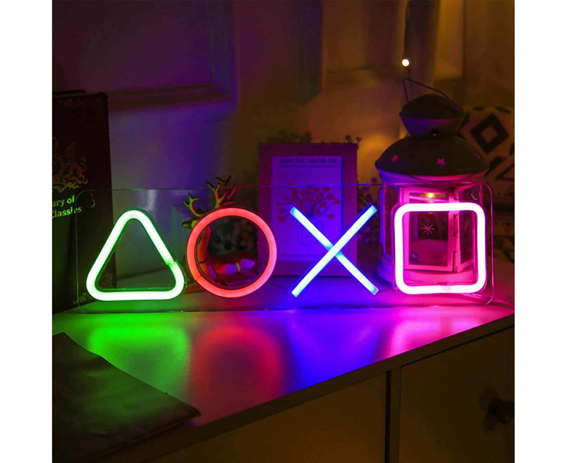 Neon LED Game Button Icon Light - USB Powered Wall Lamp for PlayStation