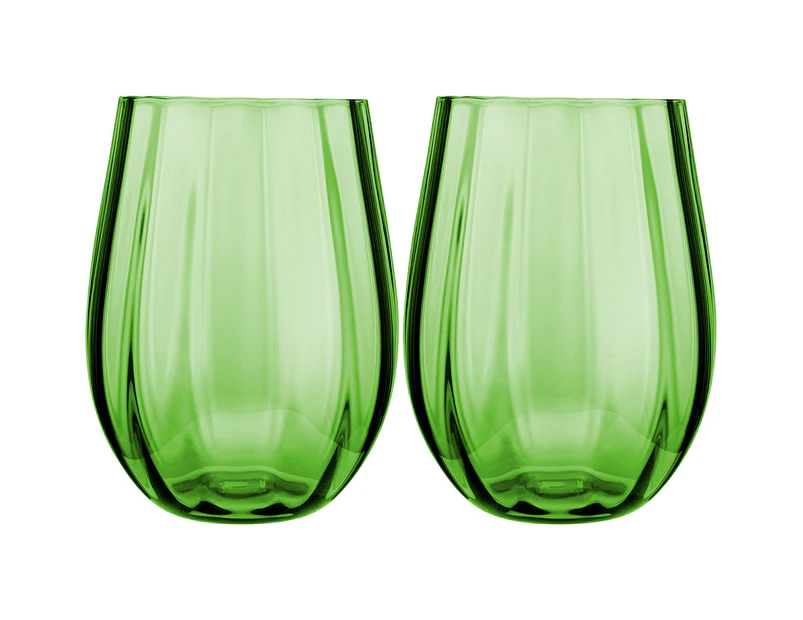 Set of 2 Maxwell & Williams 540mL Wicked Pink Goes Good With Green Ribbed Stemless Glasses - Green