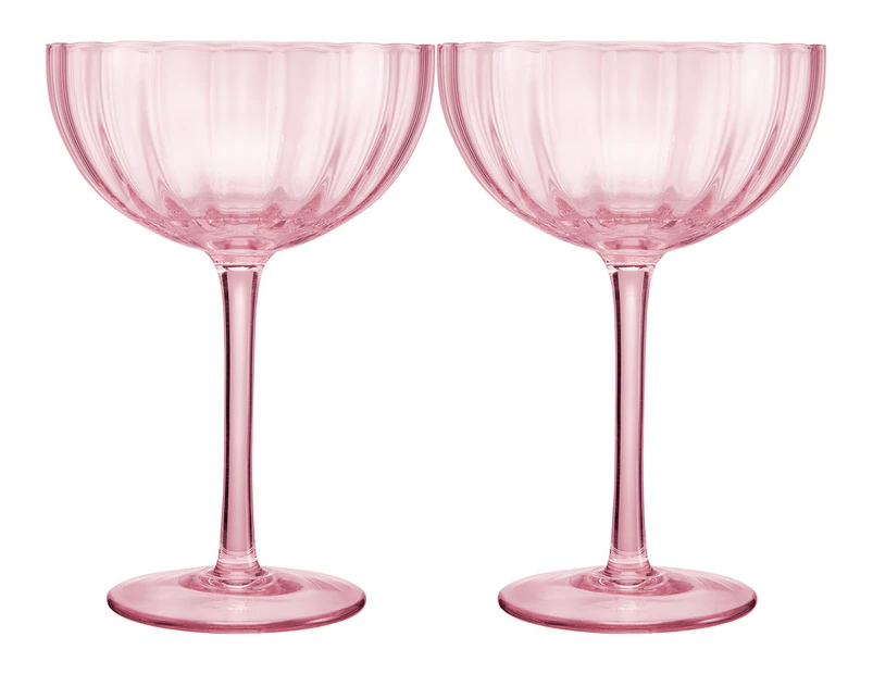 Set of 2 Maxwell & Williams 340mL Wicked Pink Goes Good With Green Ribbed Coup Glasses - Pink