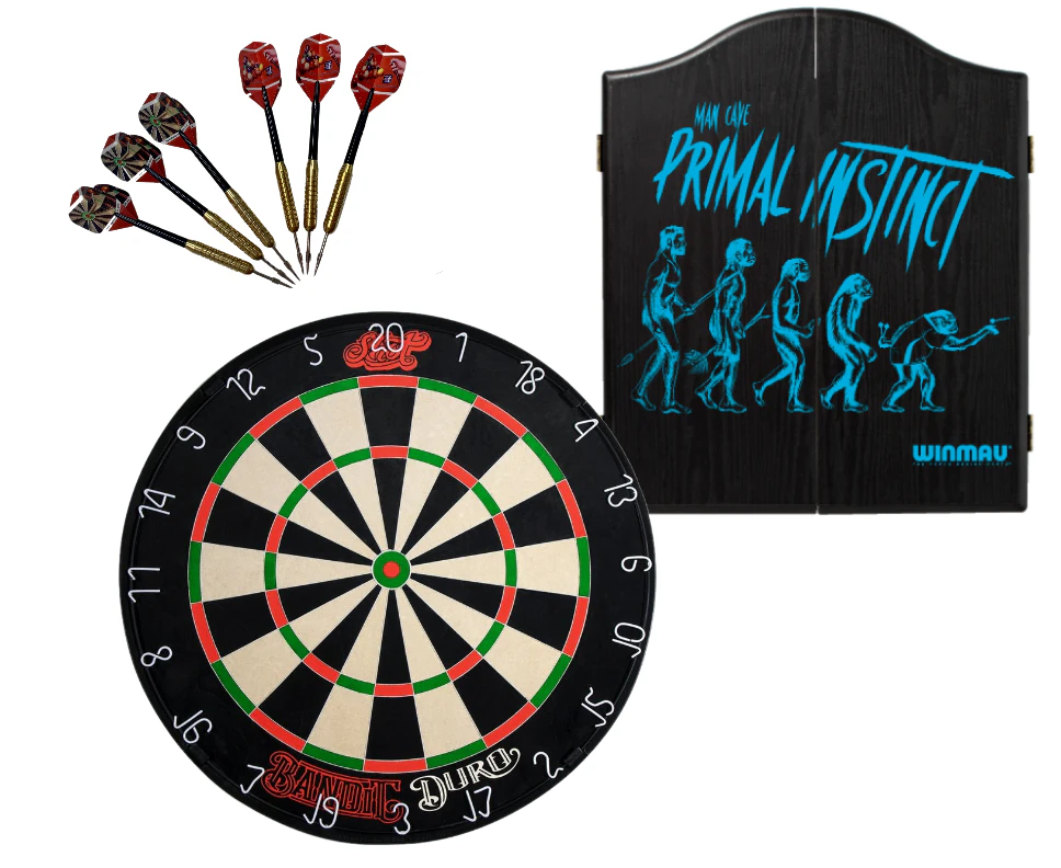 SHOT DARTS Bandit Duro Dart Board + Winmau Primal Instinct Dartboard Cabinet + Darts