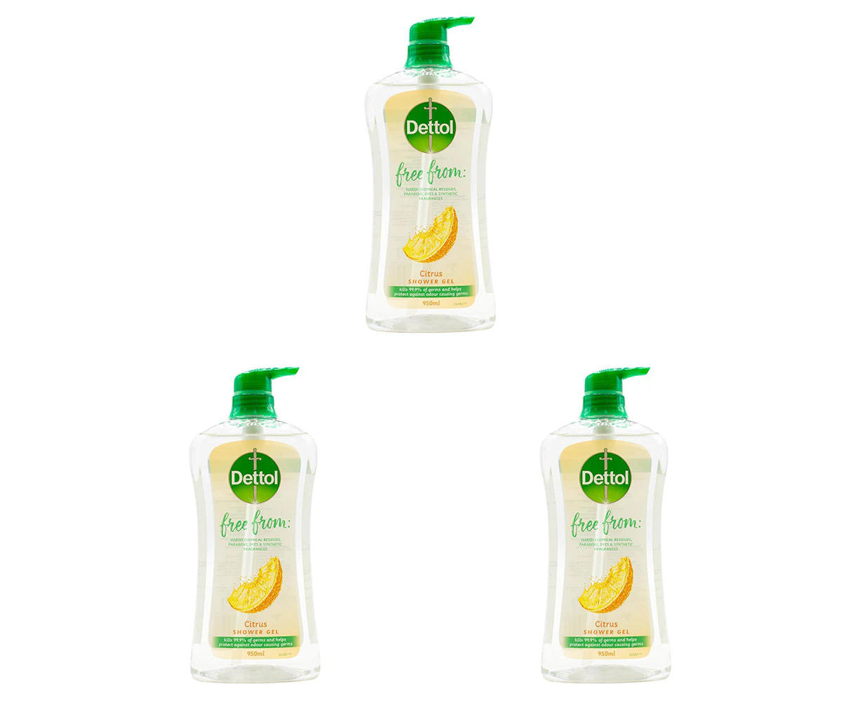 3x Dettol Free From 950ml Shower Gel Liquid Bath Soap Body Wash Citrus Scent