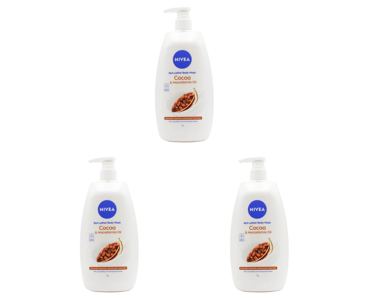 3x Nivea 1L Body Wash Foaming Liquid Shower Bath Soap Cocoa & Macadamia Oil