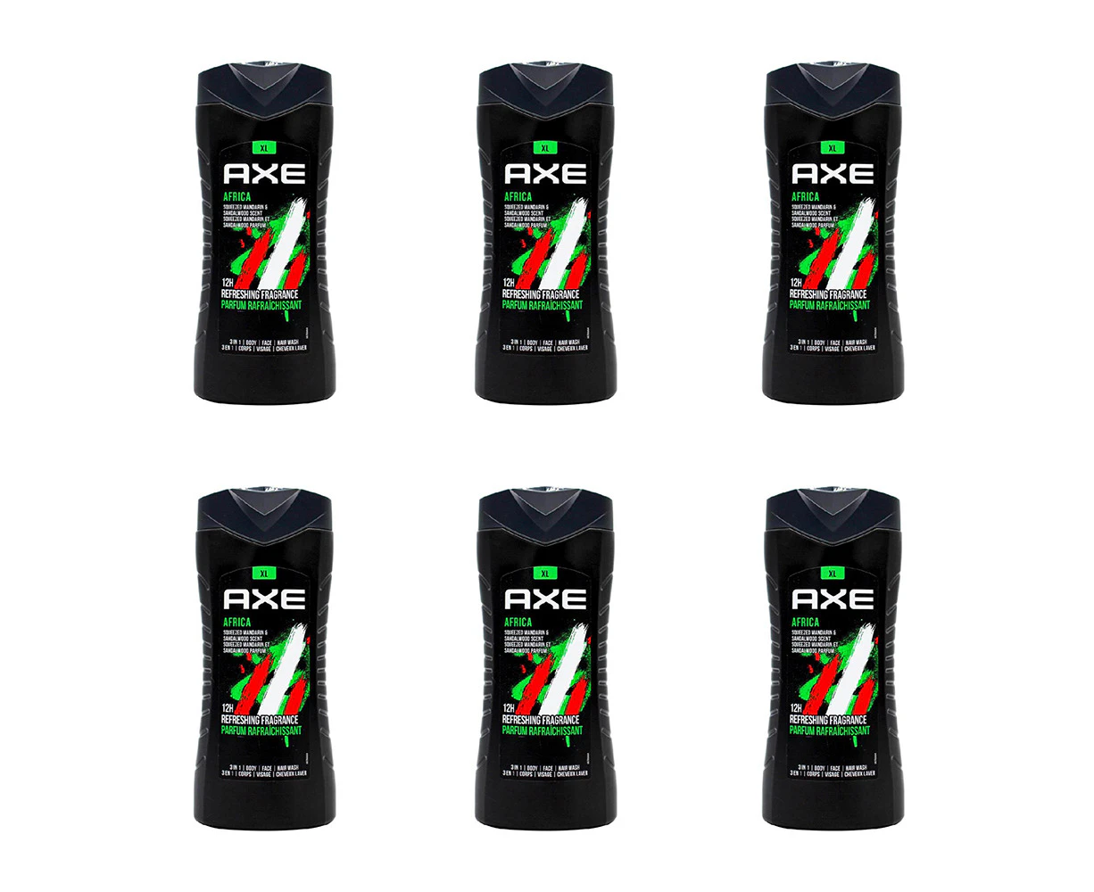 6x Axe Africa 3in1 Body Face Hair Wash 400ml For Men Mandarin & Sandalwood Scent