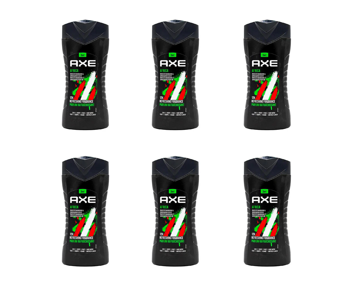 6x Axe Africa 3in1 Body Face Hair Wash 250ml For Men Mandarin & Sandalwood Scent