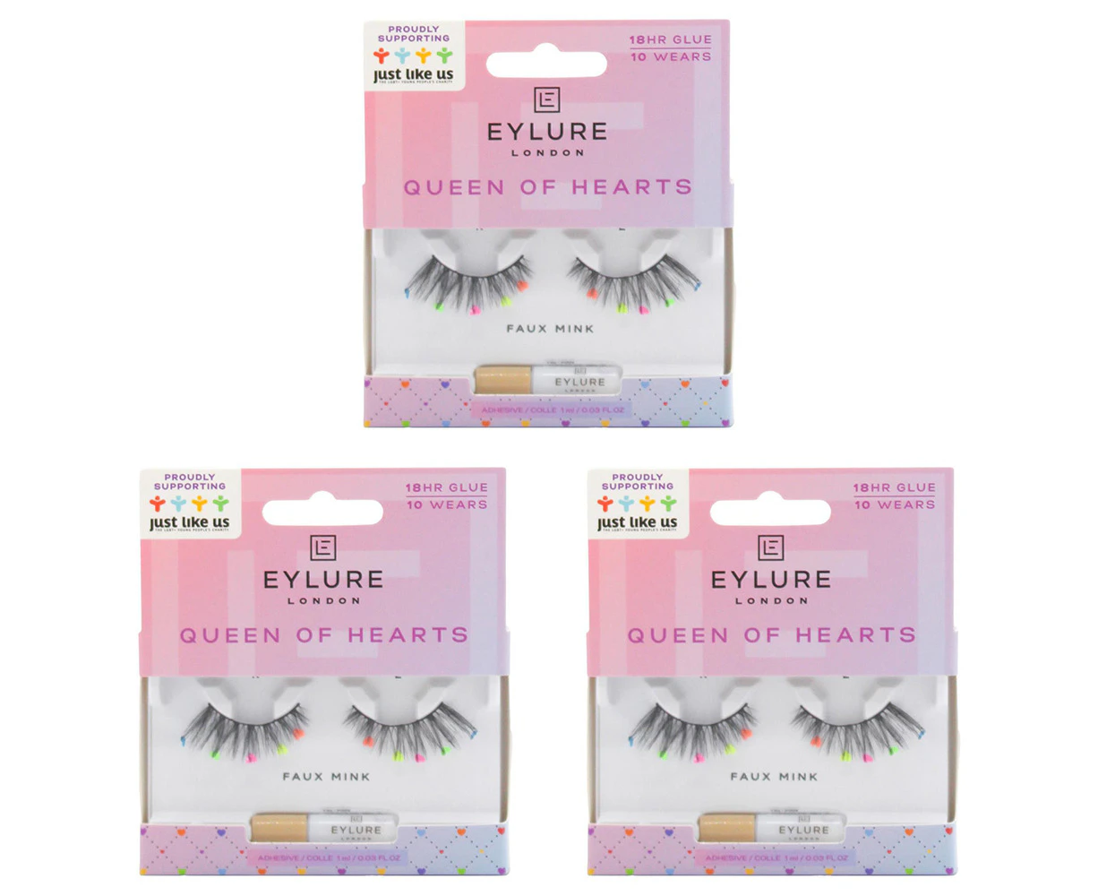 3x Eylure London Queen Of Hearts Faux Mink False Lashes w/ Glue Set 10-Wears